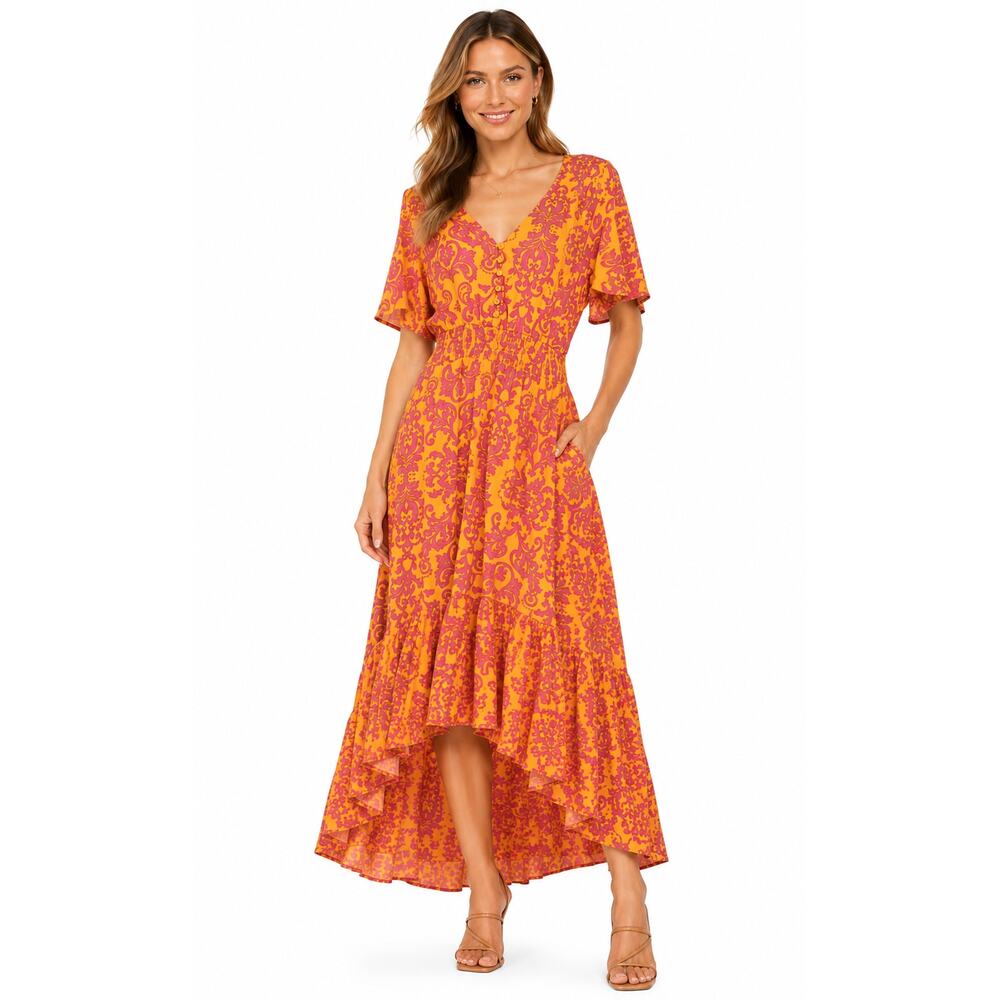 Abel the Label Smocked Waist Maxi Dress Small Orange Pink Boho Resort